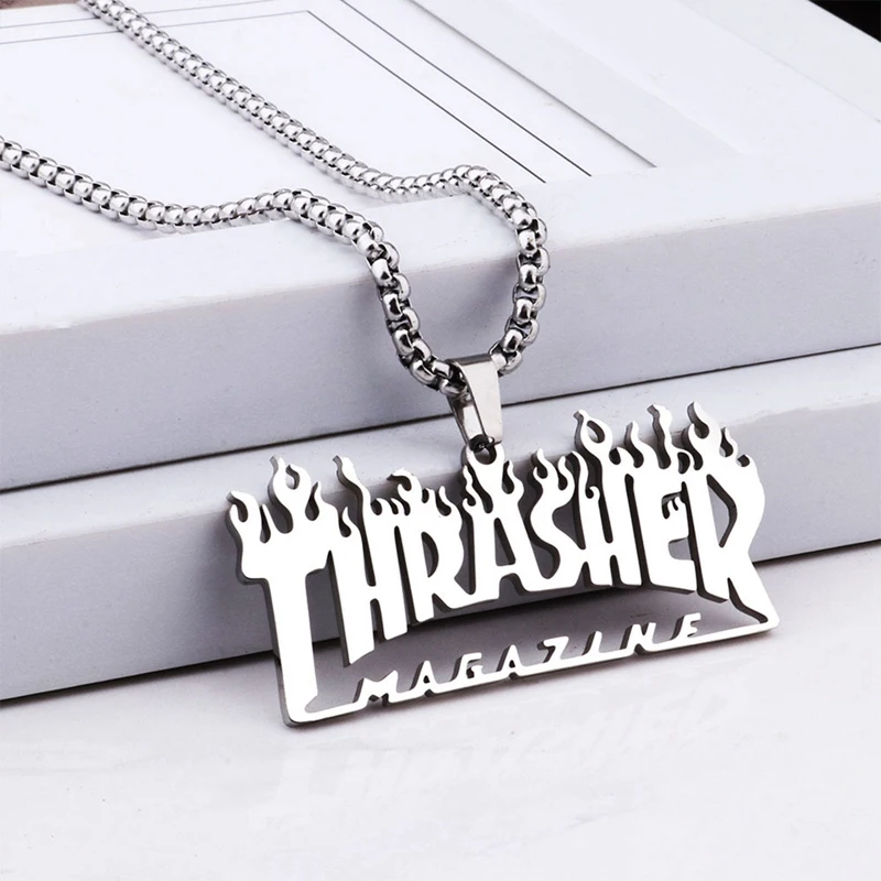 Fashion Stainless Steel Punk Flame Letters Necklace Personalized Thrasher Alphabet Choker Pendant Jewelry Gift For Women Men