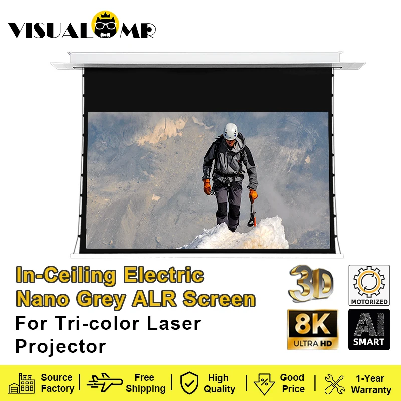 

In-Ceiling Nano Grey Electric ALR Recessed Projector Screen Tab-Tensioned Motorized Projection 4K for Tri-color Laser Projector