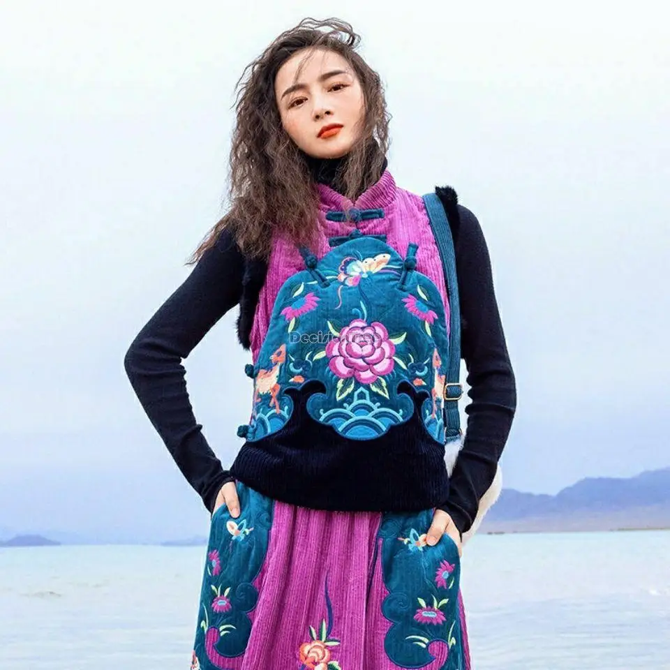 

2023 new vintage embroidered vest chinese style sleeveless vest women's national style cotton padded thicked jacket set g940