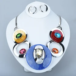 ICEYY Fashion Brand Oval Disc Glass Stone Metal Link Statement Necklaces Set Jewelry Set for women Free shipping