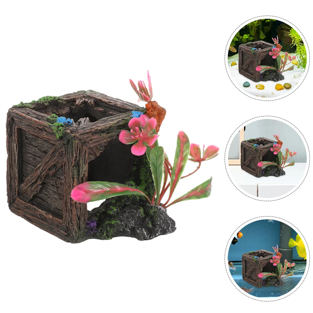 

Simulation Wood Wine Box Ornament Resin Aquarium Cave Fish Tank Hiding Shelter Decoration For Landscaping Reptile Terrarium