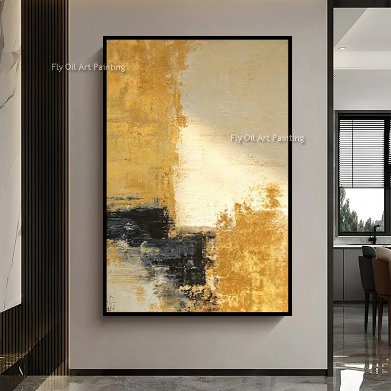 Original Hand Painted Vintage Golden Block Textured Artwork, Vertical Gold Foil Canvas Decor, Minimalist Neutral Luxury Wall Art