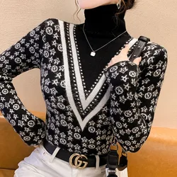 Women's Pullover Printing Stripe High Neck T-shirt Female Autumn and Winter Fashion Long Sleeve Flocking Sweater Slim Knit Tops