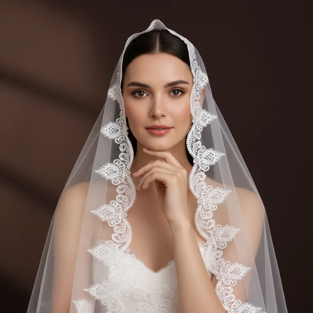 Wedding Veil Fingertip Length Embroidered Lace Bridal Veils for Women Elegant Romantic Church Ceremony Headpiece G163