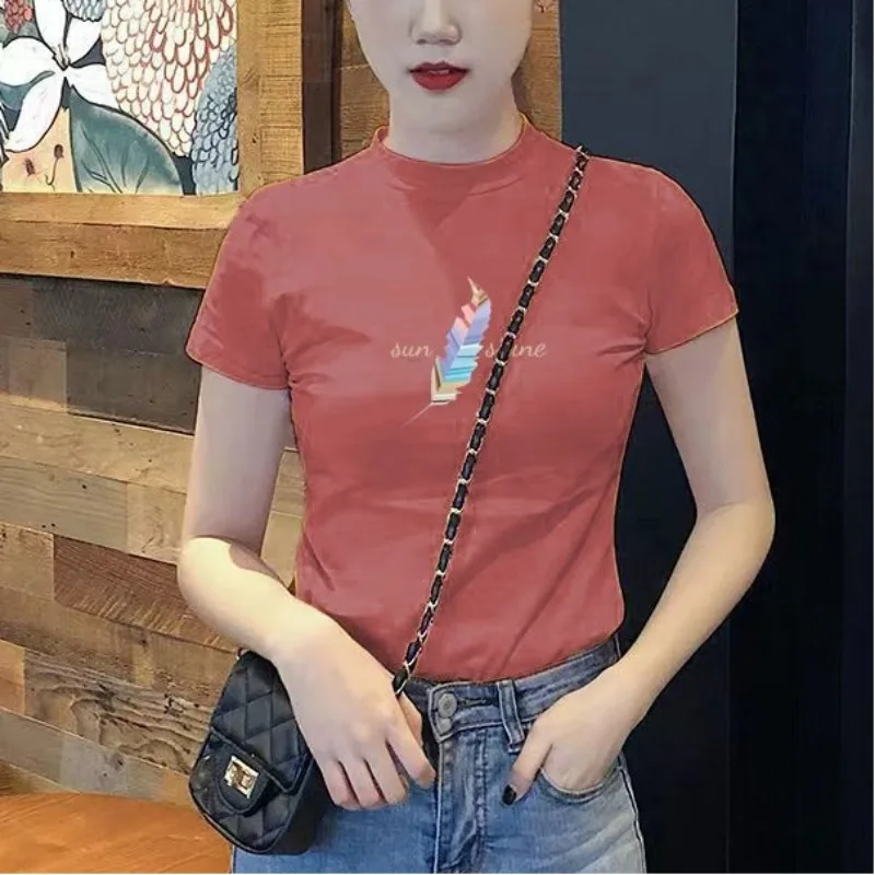 

Ladies Knitting Cotto Fashion Slim Letter Tshirt Trend Temperament Women Turtleneck Tshirt Short Sleeve PulloverSummer New Style