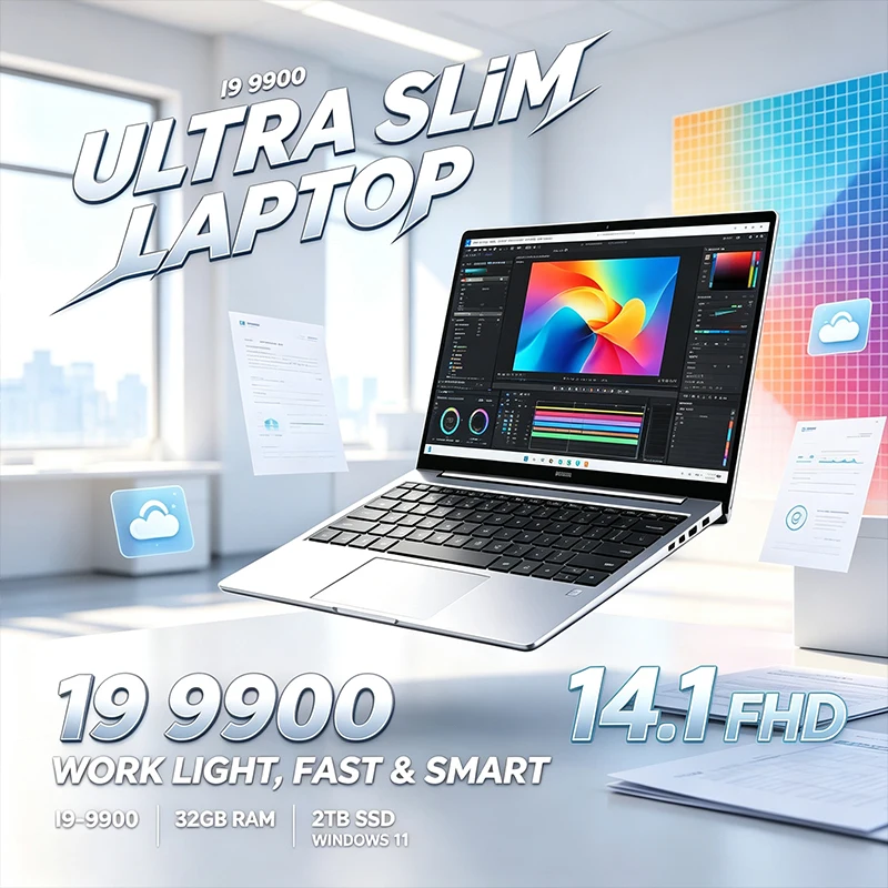 Laptop Ultrafino de 14,1 Polegadas Intel Core I9-9900 120Hz FHD 32GB 2TB Teclado Retroiluminado Windows 11 Longa Duração da Bateria para Escritório e Estudo