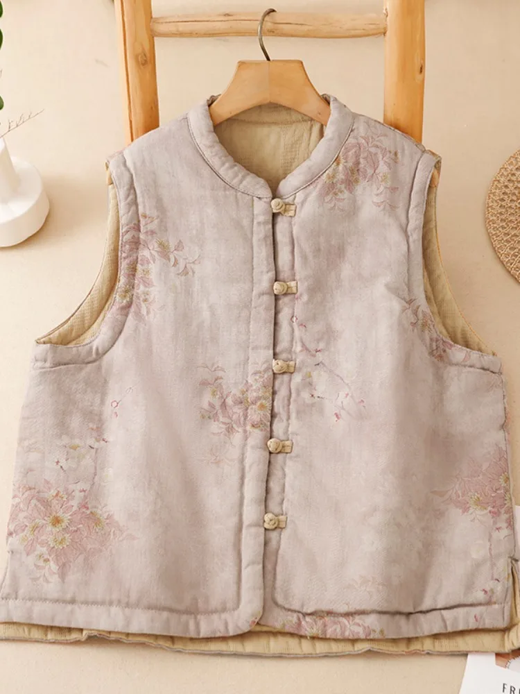 Double-Sided Wear Linen Vest Jacket Women's Winter Chinese Style Stand Collar Button Cotton Shirt Shoulder Pad Printed
