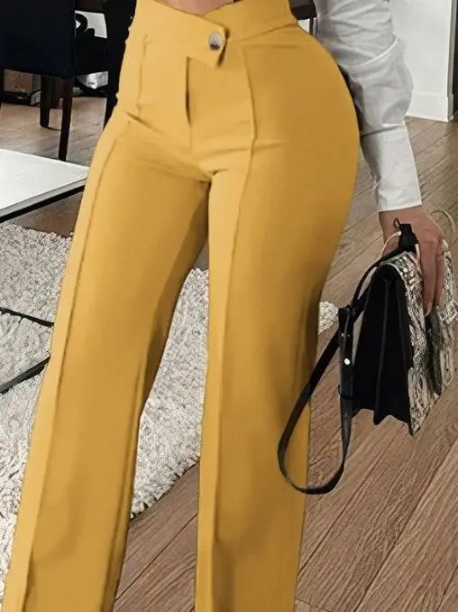 High Waist Casual Trousers for Women Faionable Straight Leg Long Pants Polyester Fiber Iron Free Thin Autumn Season