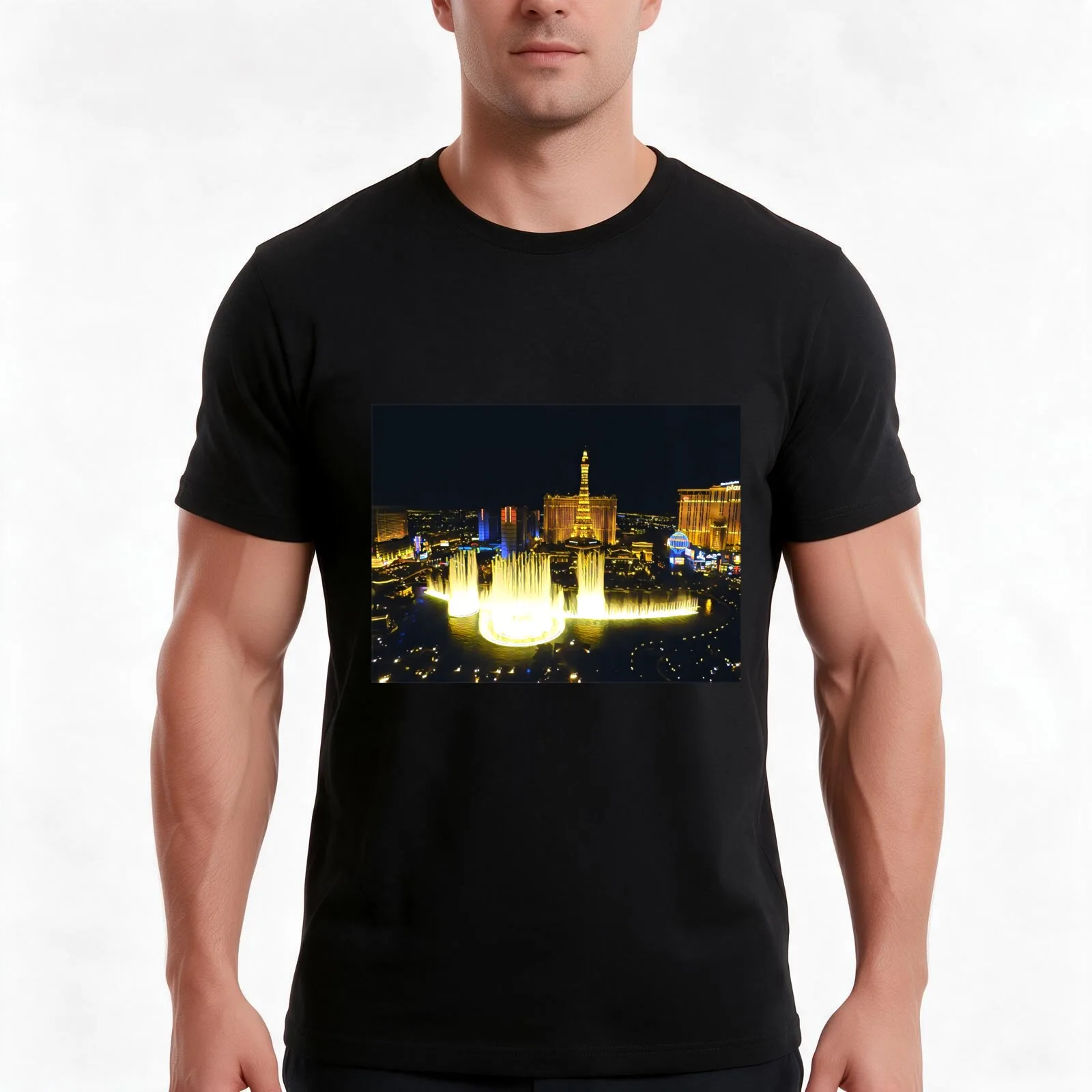 Fountains of Bellagio by Night Las Vegas T-Shirt, Summer Casual Cotton Tee, Oversized Streetwear Tops, Vintage Graphic Print
