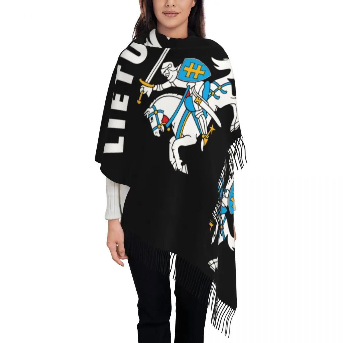 Custom Lietuva Lithuania Coat Of Arms Tassel Scarf Women Winter Warm Shawl Wrap Lady Scarves