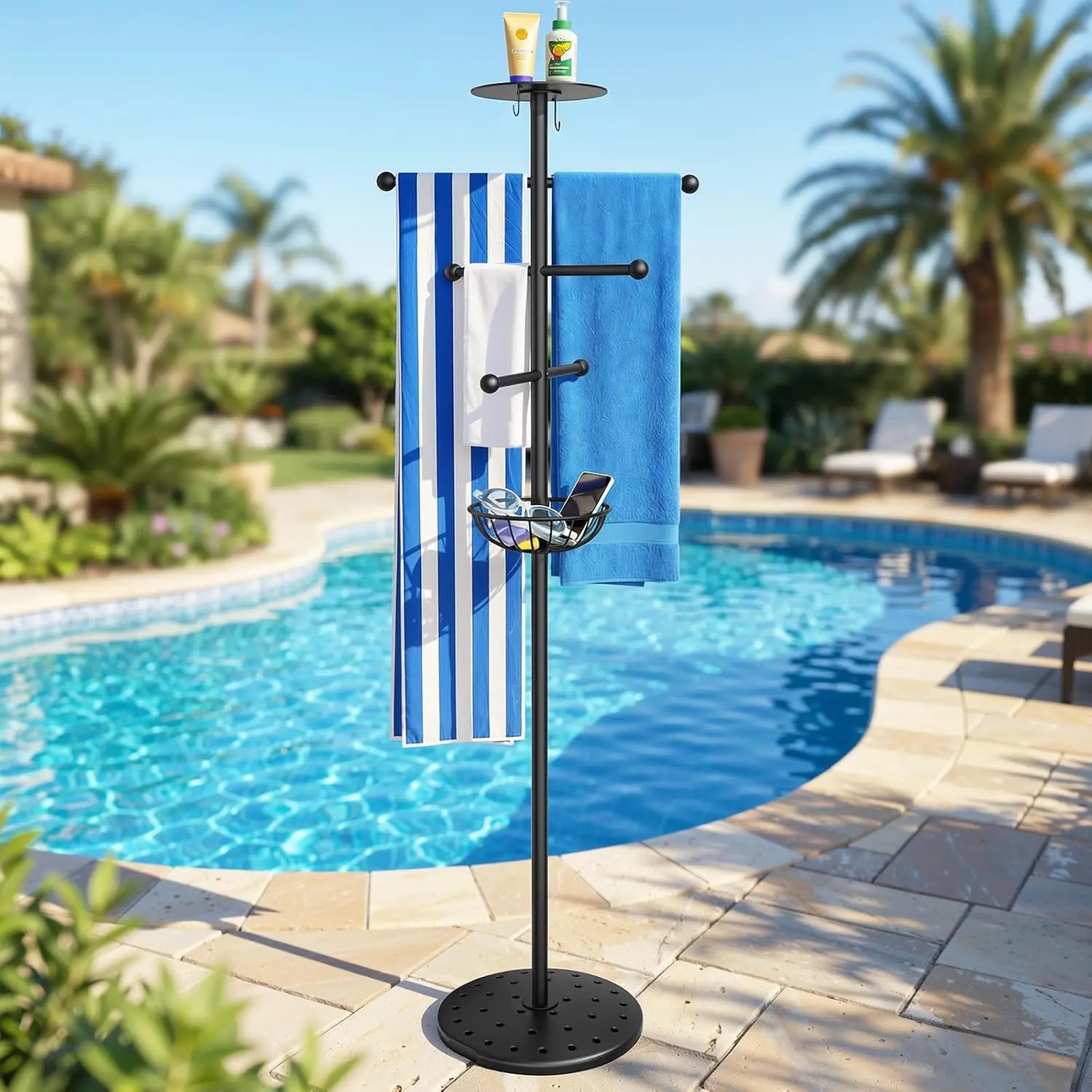 

Напольная вешалка для полотенец с поддоном и крючками, 6 перекладин, сверхпрочная, для пляжа, джакузи, ванной комнаты, двора