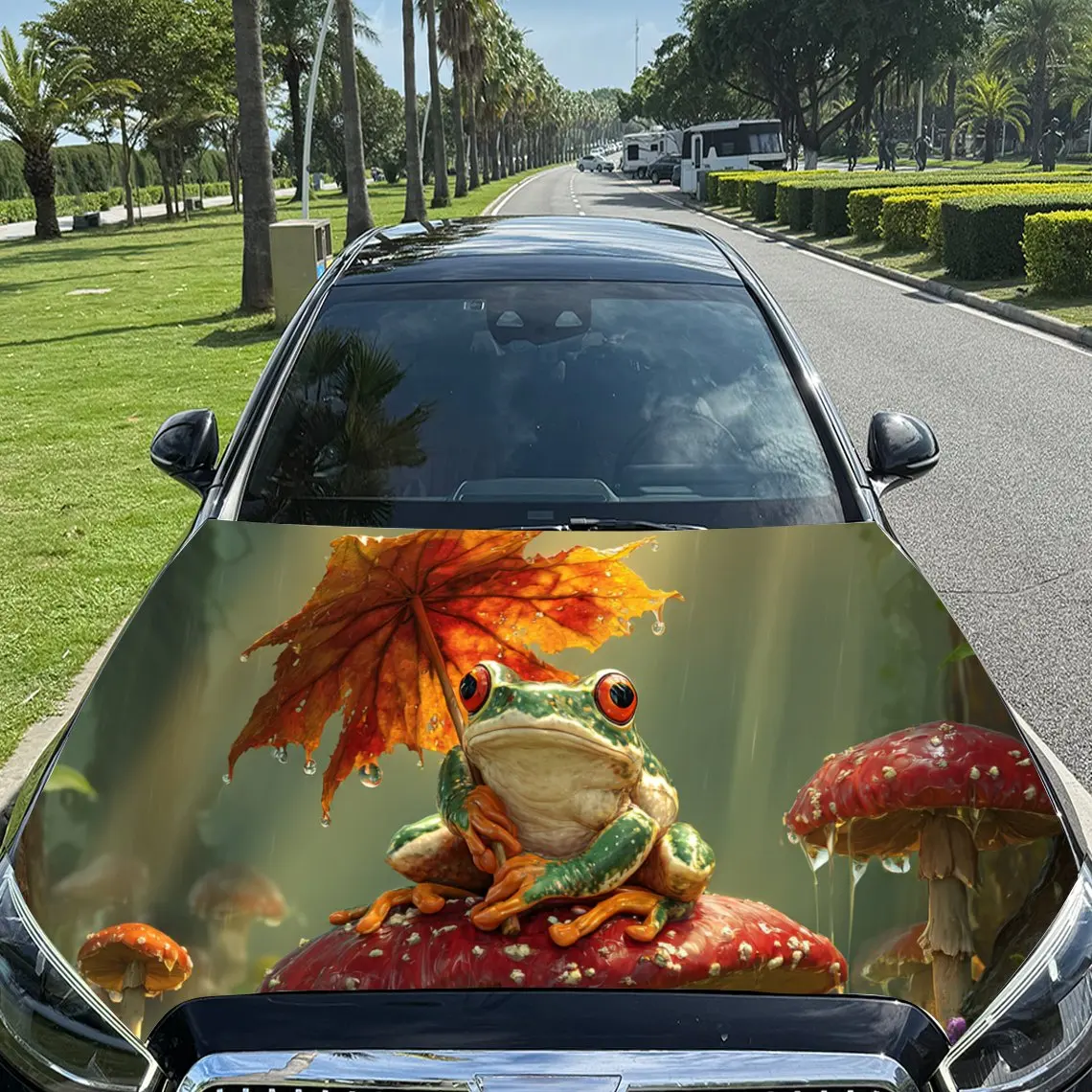 Adorable Frog and Mushroom Ensemble PVC Car Engine Hood Vinyl Wraps, Self-Adhesive Waterproof Car Hood Decal Sticker, Car Decora