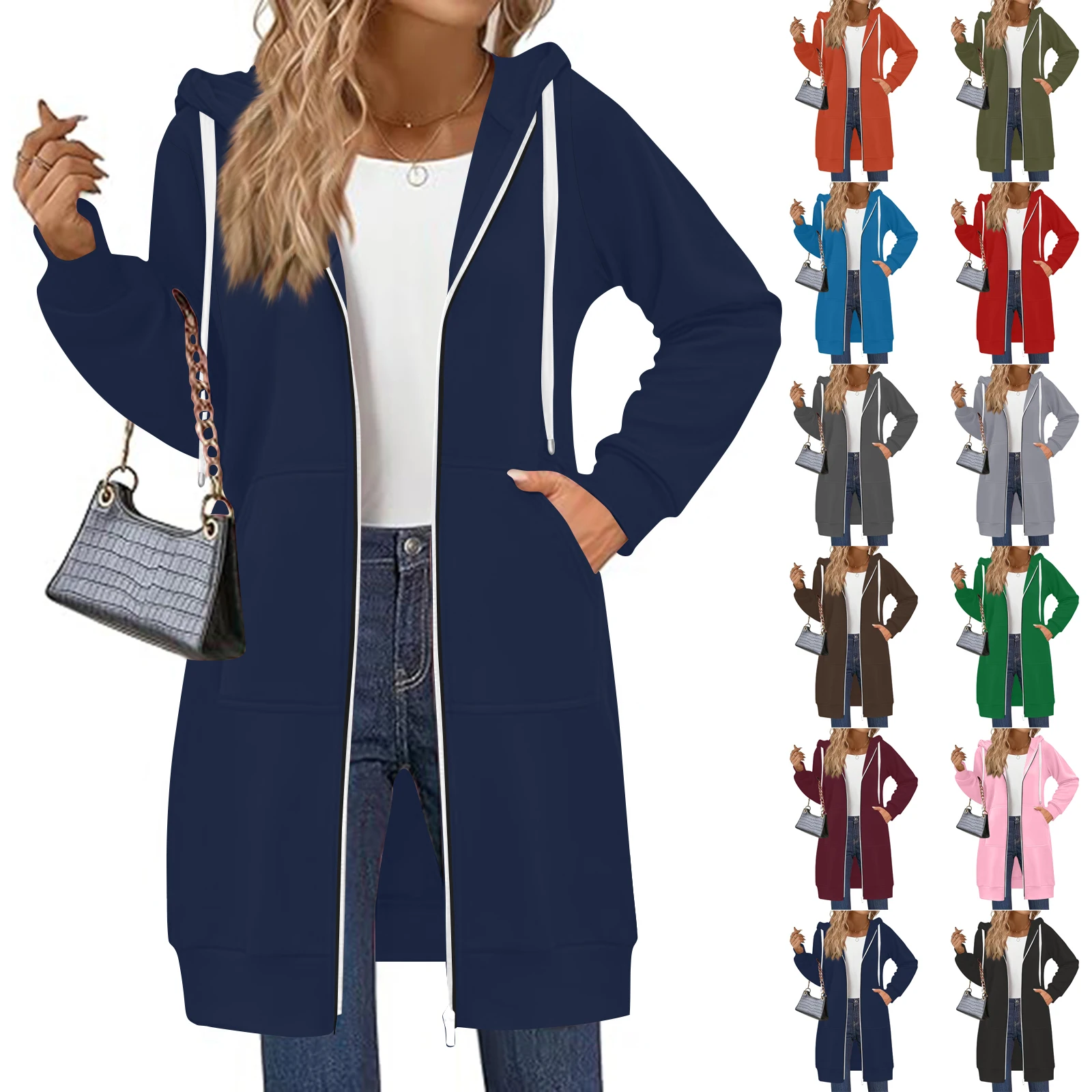 

Классическое мягкое и удобное однотонное тонкое пальто средней длины на молнии с длинными рукавами и капюшоном для женщин, модный базовый повседневный кардиган