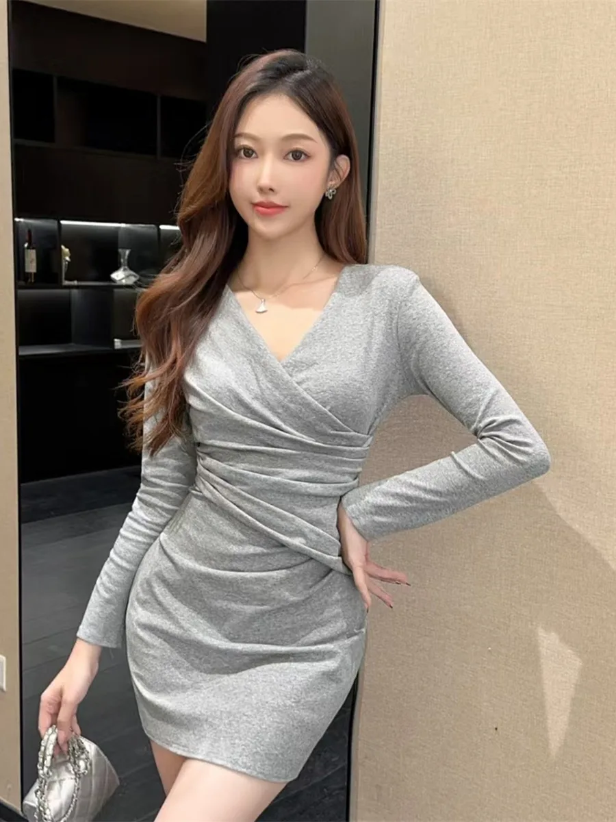 

Sexy Long Sve V-Ne Dr Women's Waist-Cinching Slimming Pure Desire Sle High-Elegance ort Skirt Bodycon Dr