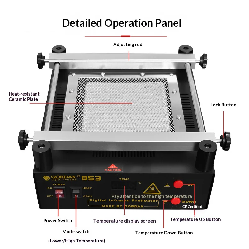 JH-853 Preheating Desoldering Station 605W Far Infrared Ceramic Heater 100-500℃ Digital Display Anti-Static for PCB Rework