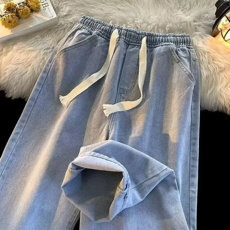 New Summer Elastic Waist Denim Jeans Women Students Loose Fashion Comfortable Slim Straight Retro Pants Trendy Versatile