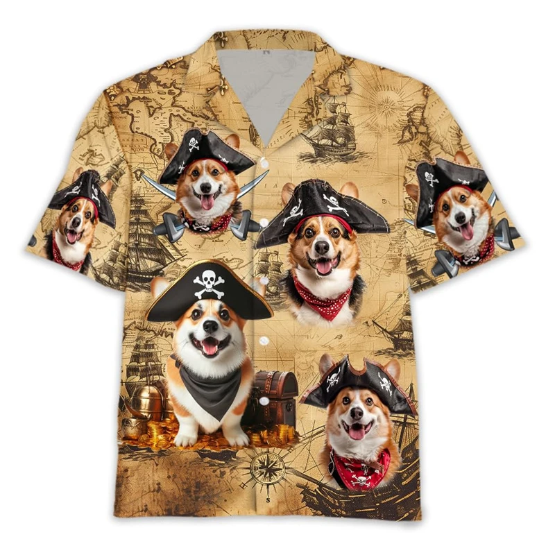 Camisas con estampado 3D de perro pirata Marauding divertido para hombres, ropa linda, Doberman, Rottweiler, camisa de playa, blusas Unisex Schnauzer