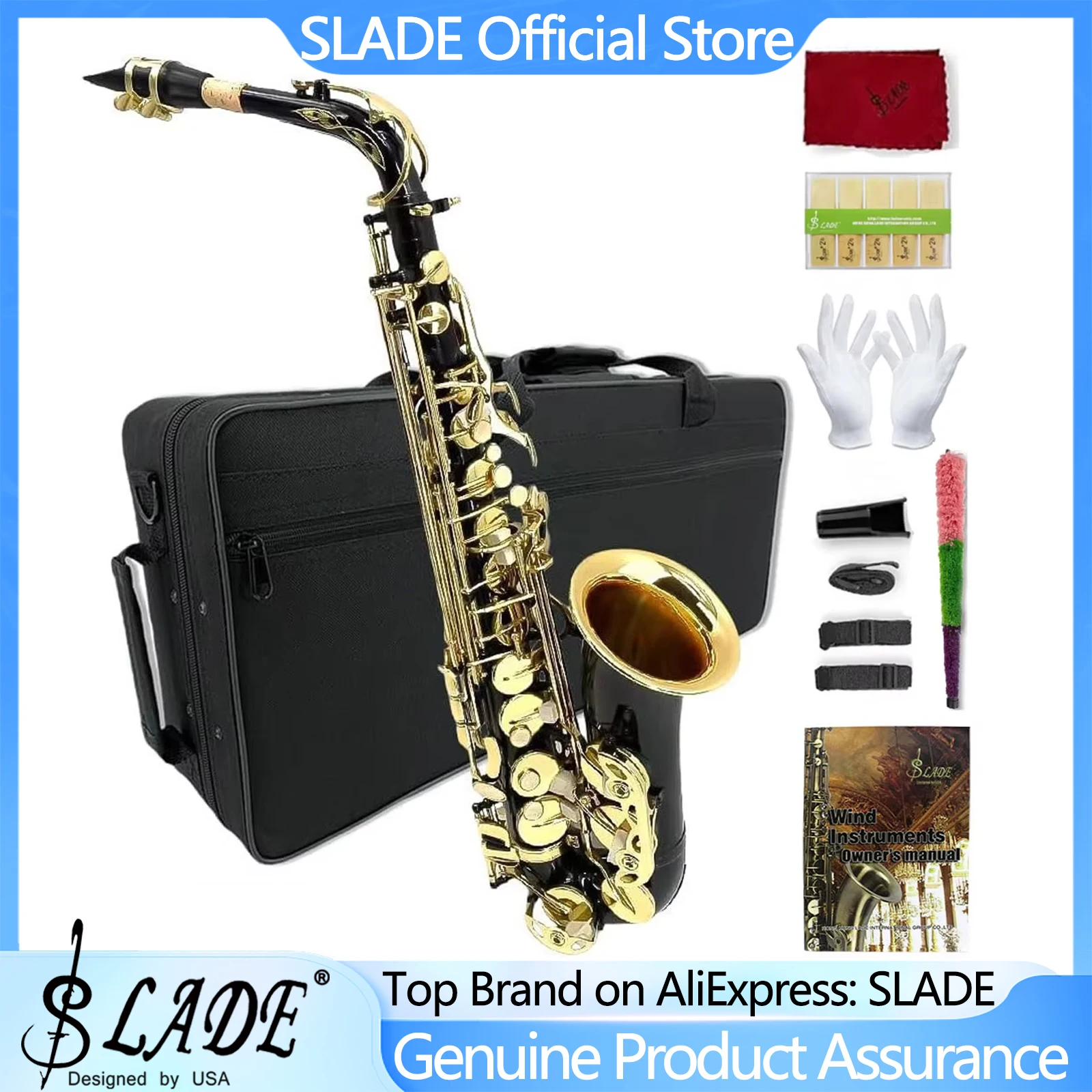 

SLADE Black/Gold Alto Saxophone E Flat Saxophone Complete Set for Beginners Students with Box Cleaning Cloth Gloves Neck Strap