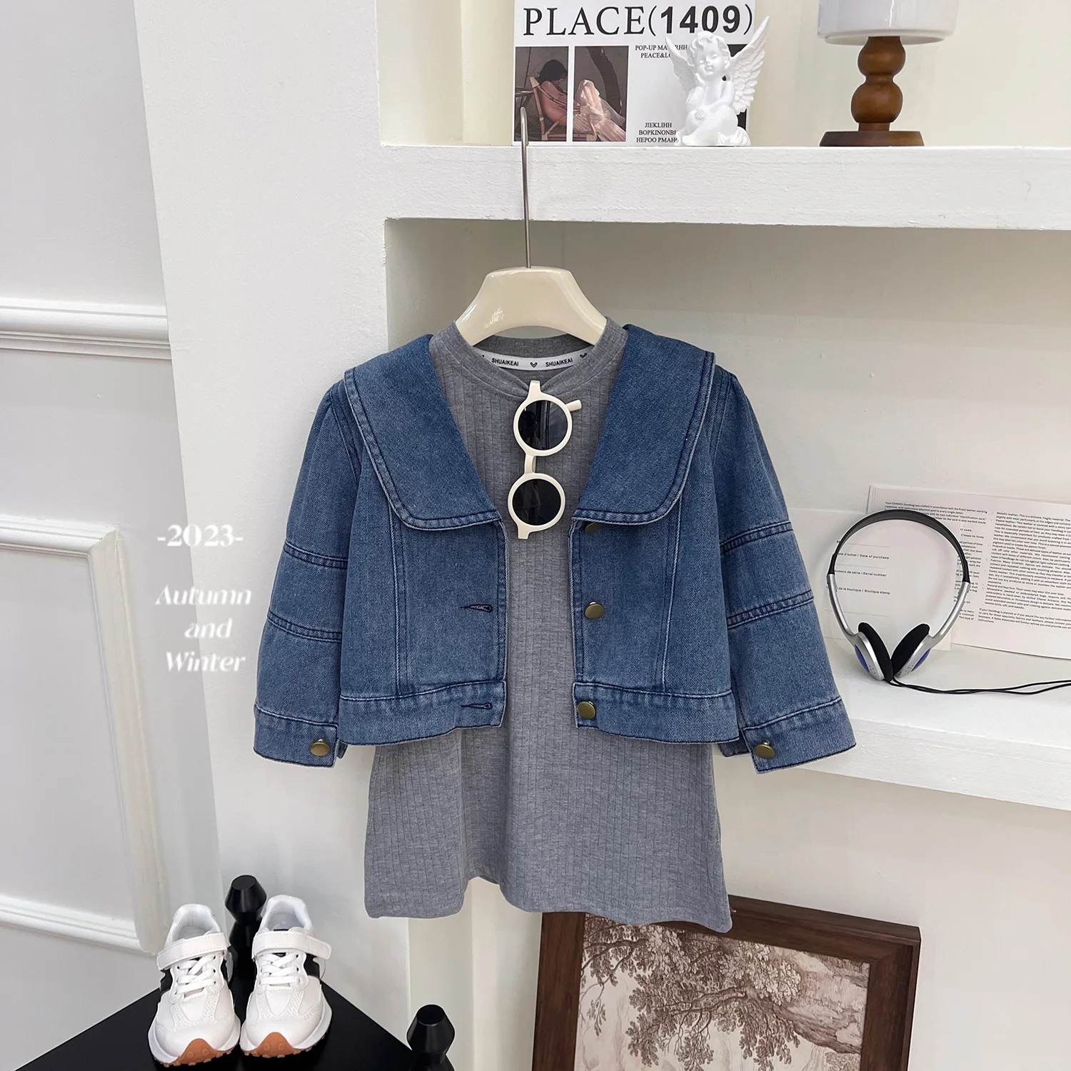 

Childrens Sets Two Piece Autumn New Korean Striped Simple Cowboy Coat Underlay Dress Shirt Girl 2023 Turn Down Collar