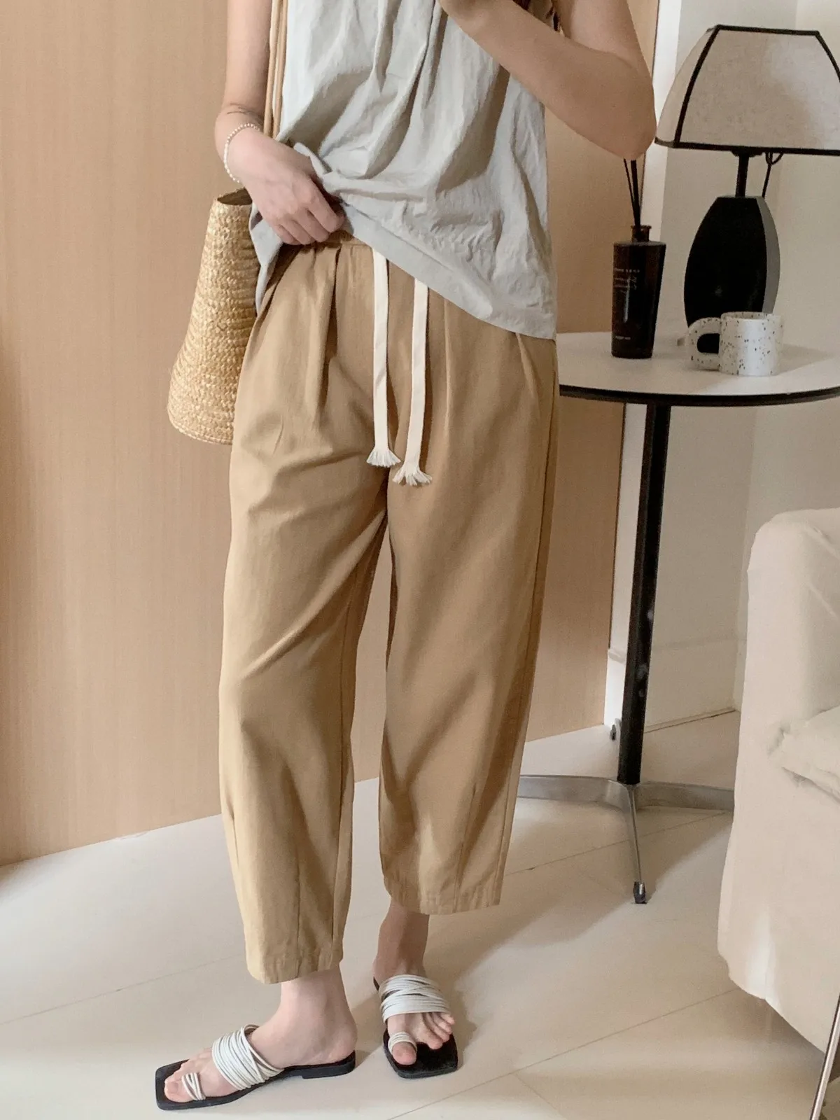 

ZHISILAO New Khaki Ankle-length Pants Women Casual Elastic Waist Trousers Spring Summer 2024