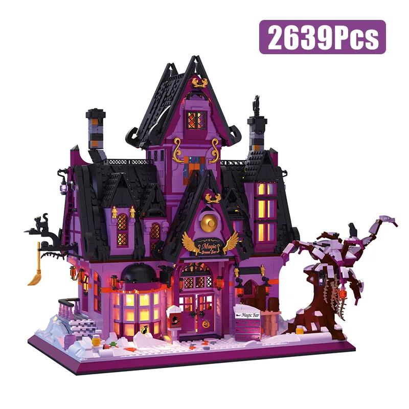 Creative Street View Magic Broomstick Bar Model Building Blocks City Halloween House Architecture Mini Bricks Toys For Kids Gift