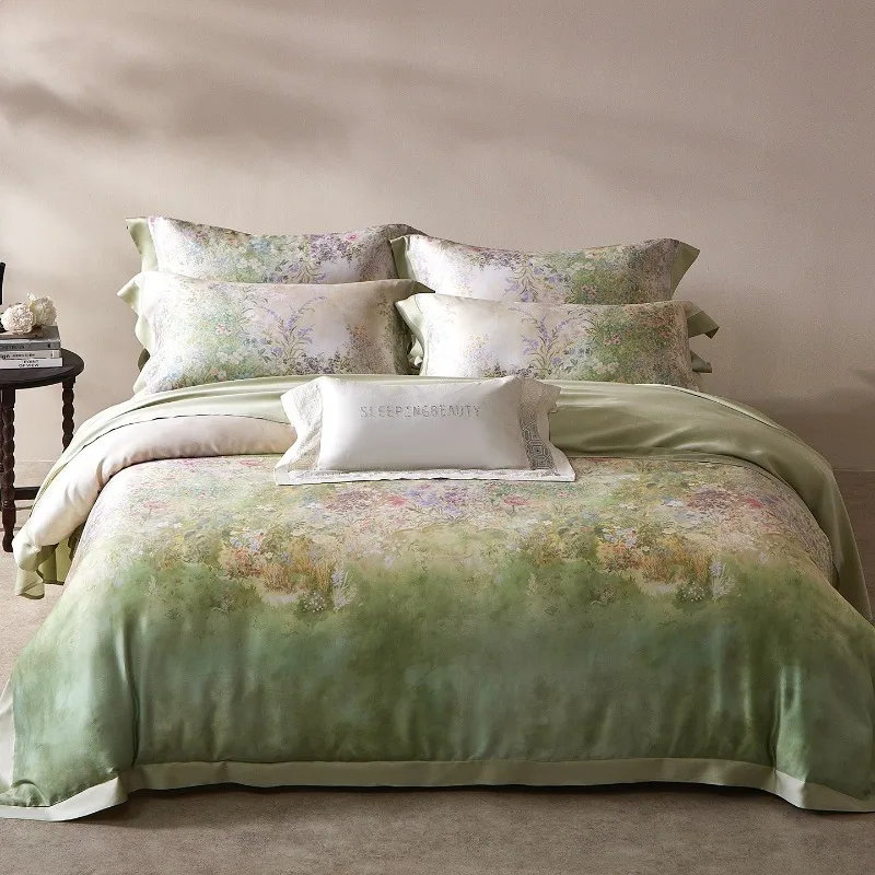American Pastoral Cool Ice Silk Bedding Elegant Luxury Floral Printing Quilt Cover Sheet Pillowcase Four-piece Set