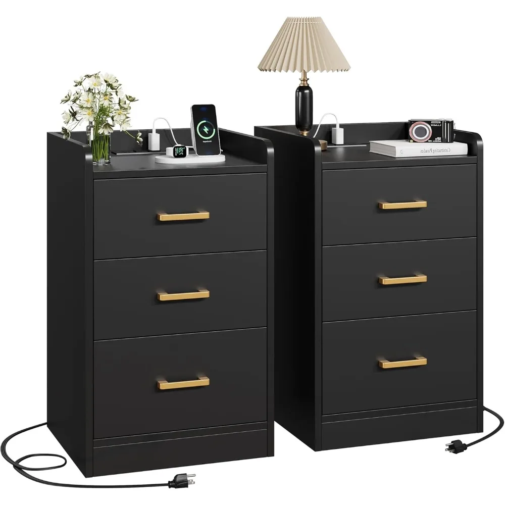 

nightstands set of 2 black nightstand with charging station, 3 drawer nightstand with gold handles, black side table for home o