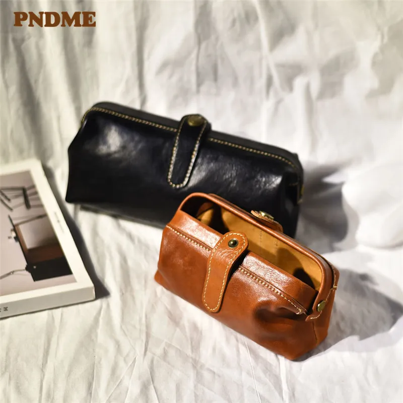 Simple vintage designer genuine leather women clutch cosmetic bag casual soft real cowhide small rencil coin purse storage bag