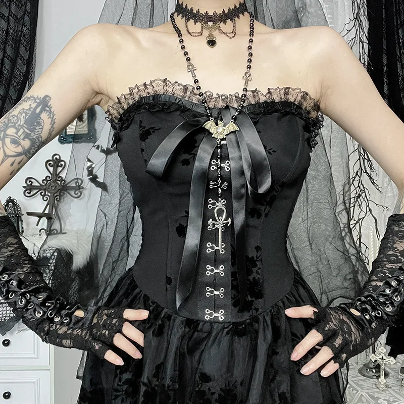 Goth Dark Florals Mesh Patchwork Strapless Party Dress Women Fairycore Wedding Gown Mall Gothic Single Breasted Lace-up Dresses - Image 5
