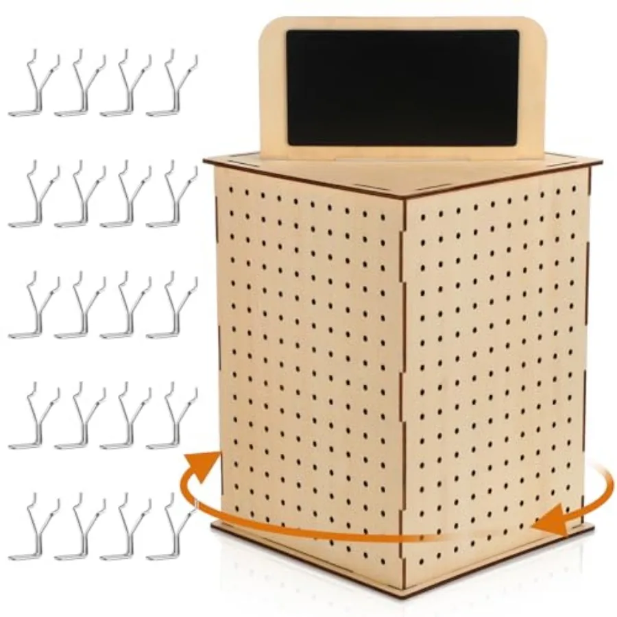 

Rotating Pegboard Display Stand with Hooks 4 Sided Revolving Jewelry Organizer Stand 11.8 x 15.8 In with Blackboard for Retail