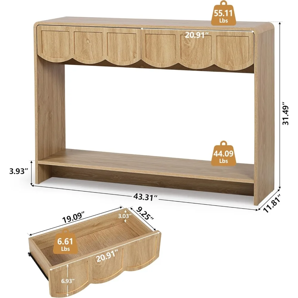 طاولة كونسول مقاس 43 بوصة على طراز منتصف القرن مع أدراج وأرفف مفتوحة للمدخل الضيق ولمسات المدخل