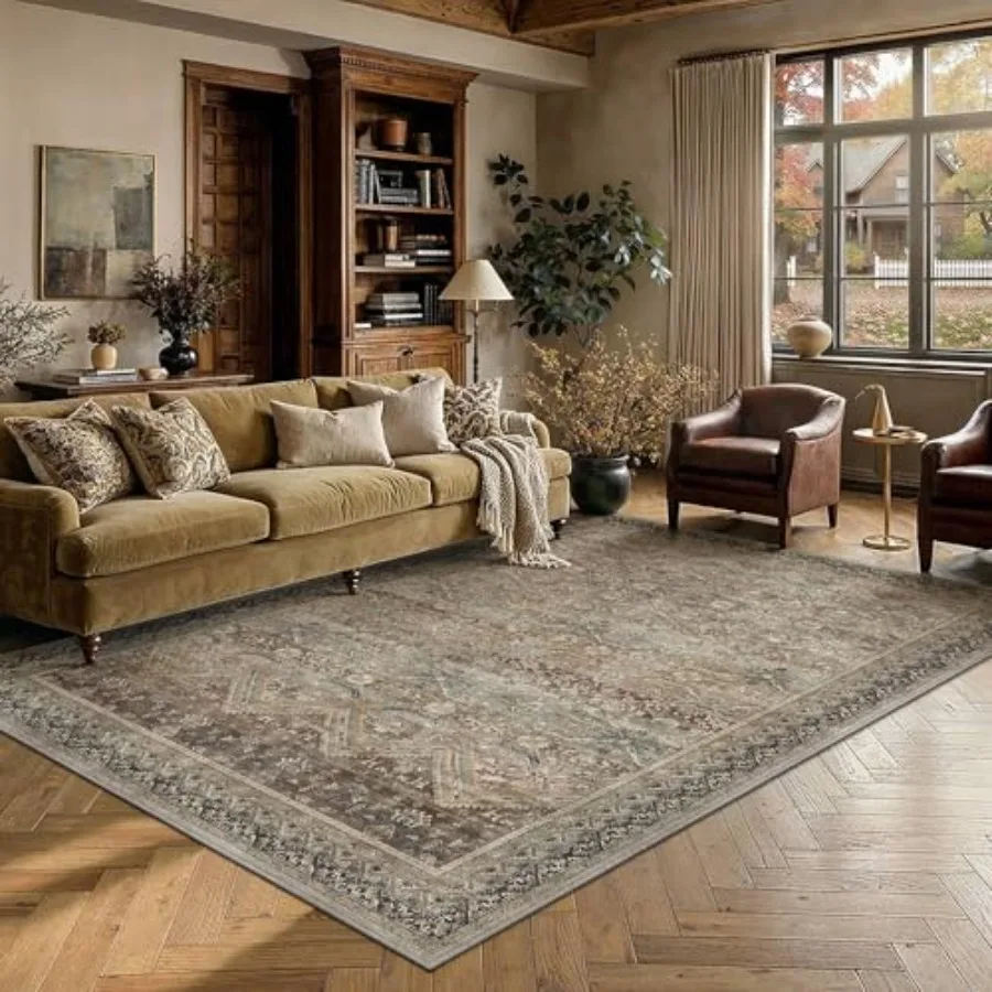 

Retro brown 5x7 area rug for living room and bedroom: washable, vintage boho style, no shedding, soft durable low pile, non-sli