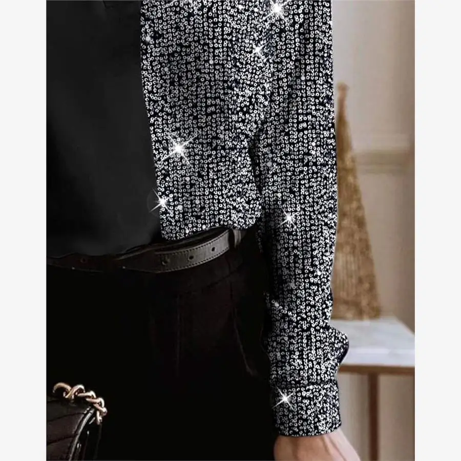 Długa damska sukienka z cekinami, patchworkowa, błyszcząca, w stylu streetwear, z dekoltem w serek, luźny krój, poliester, codzienna, modna sukienka.