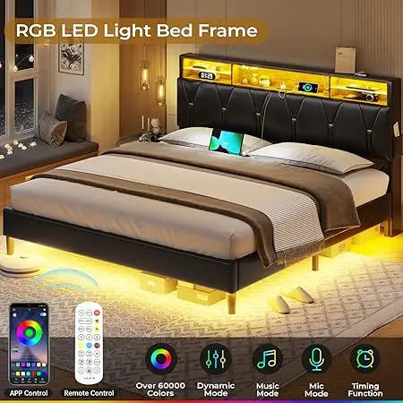 Bed Frame with LED Lights and Headboard Storage, LED Bed Frame King Size with Charging Station, Upholstered Bed Frame