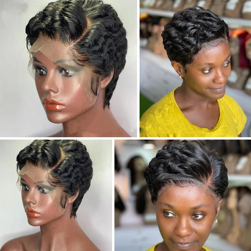 Pixie Curly 100% Human Hair Wig 13x4 Short Bob Wig Pixie Cut #350 Colored 99J  Lace Frontal Human Hair Wigs for Black Women