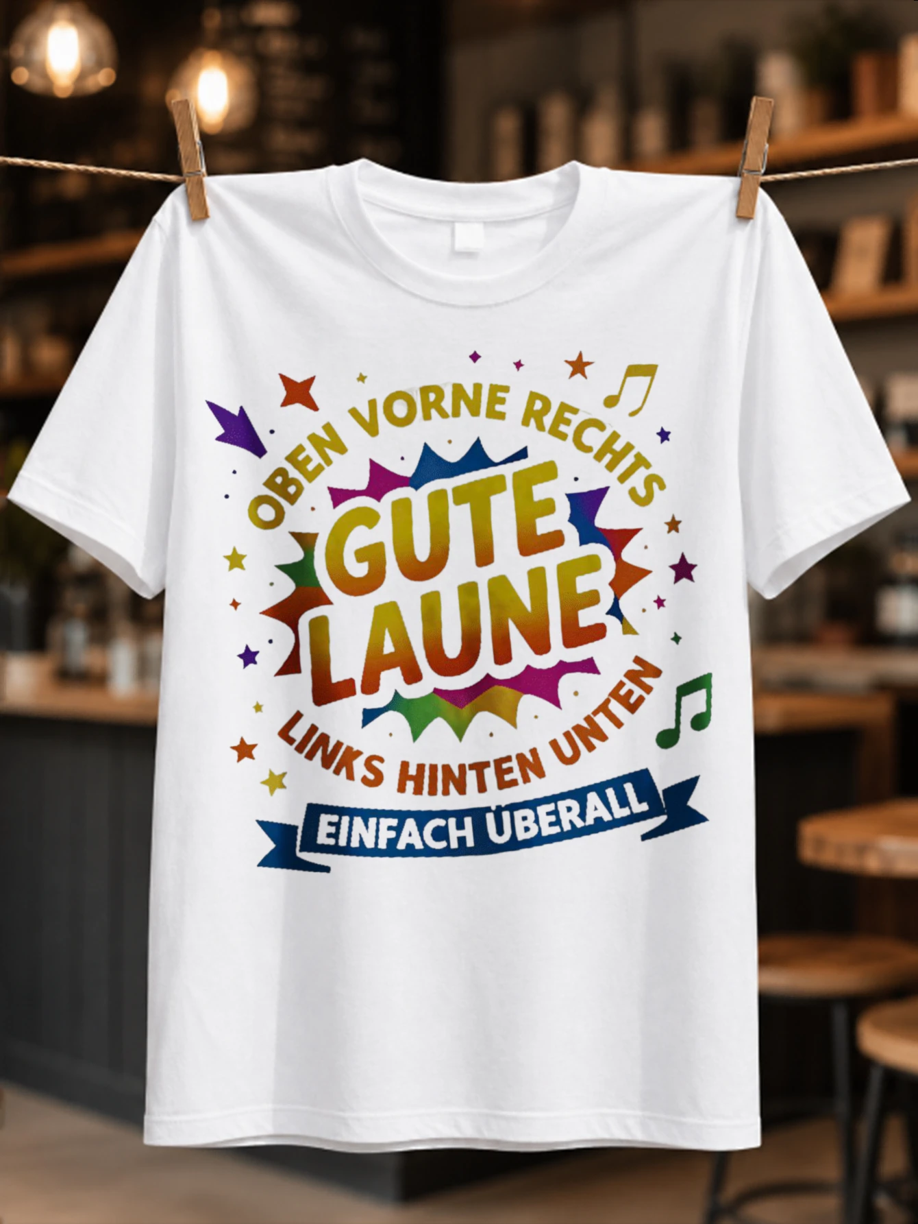 GUTE LAUNE colorful German phrase burst with music notes stars arrows and party mood lettering  Unisex All T-Shirt