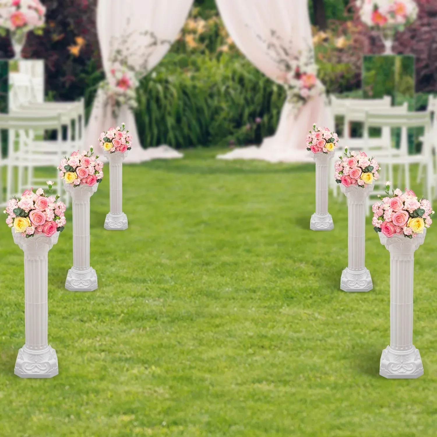 

4-Piece Wedding Roman Column Set, White Decorative Pillars For Party Garden Church Decor, European Style Plastic Pillars With Detachable Design, 34.65 Inch Height