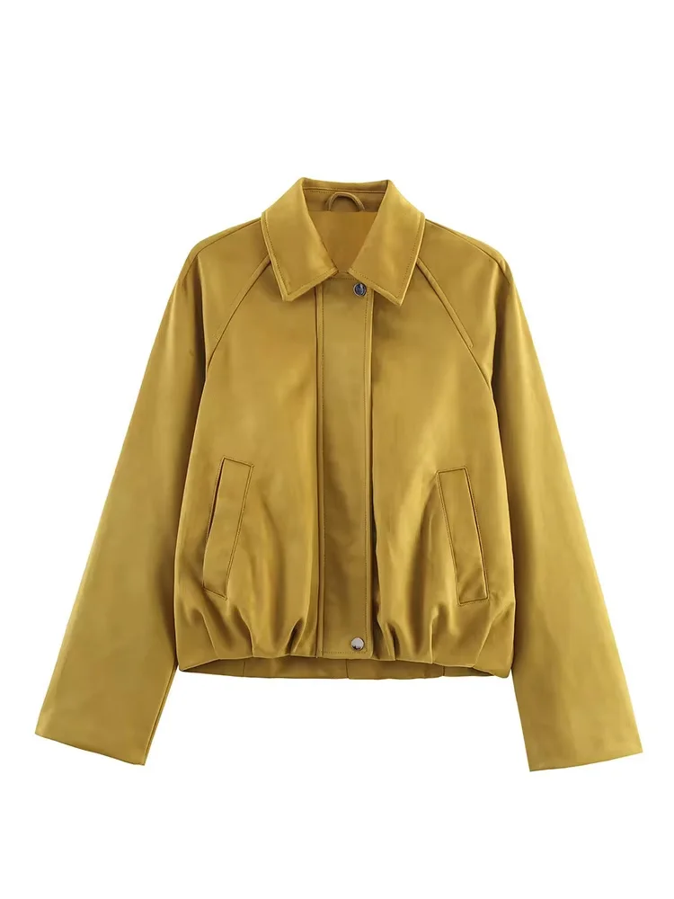 

HH Women's Autumn Fashion Solid Vintage Suede Effect Pilot Short Jacket Female Zipper Pocket Decoration Long Sleeve Outwear