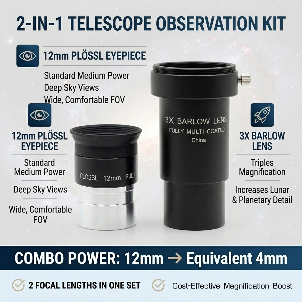 天体望遠鏡キット-pl-12mm接眼レンズ-3倍バーローレンズ付き-4mm相当の高倍率fmcレンズ-星空観測アクセサリー用