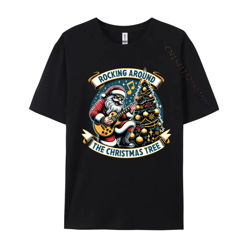 

Funny Christmas Santa Playing Guitar Around Christmas Tree T-Shirts Black T Shirt Hip Hop Novelty Cotton Men Top T-Shirts