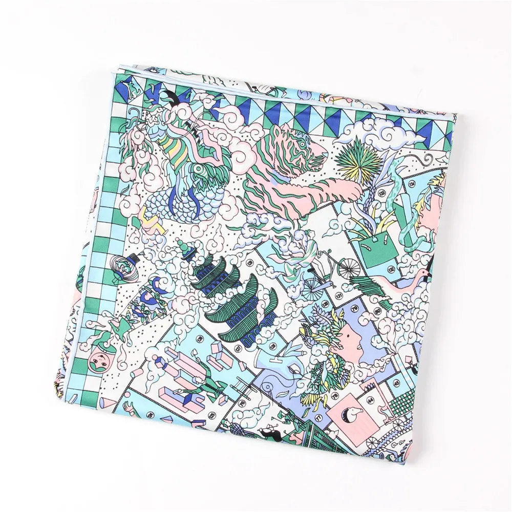 POBING Manual Hand Rolled Twill Silk Scarf Women Three Giraffes Square Scarves Echarpes Foulards Femme Wrap Bandana Hijab 90CM