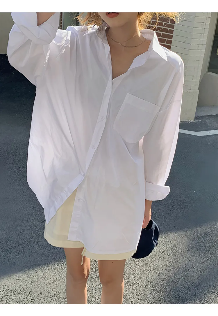 Camicette bianche da donna vintage con una tasca Manica lunga Coreano Casual Office Lady Camicie larghe Top Donna 2025 Nuova primavera autunno