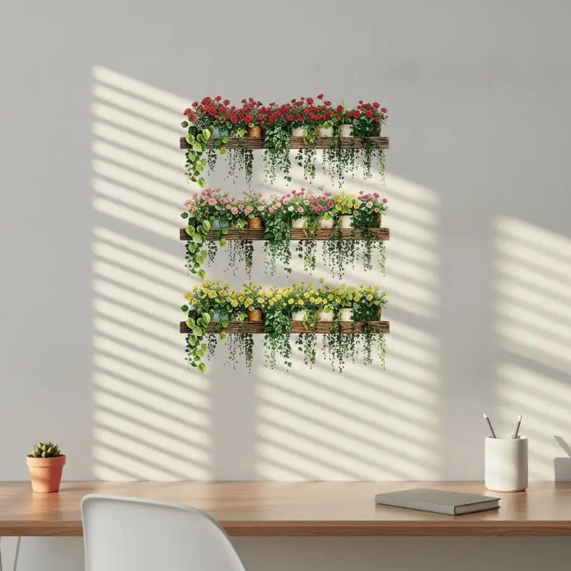 Realistic Peel and Stick Hanging Flower Wall Sticker Colorful Green Blooms Non-Toxic for Dorm Rental Home Wall Decor
