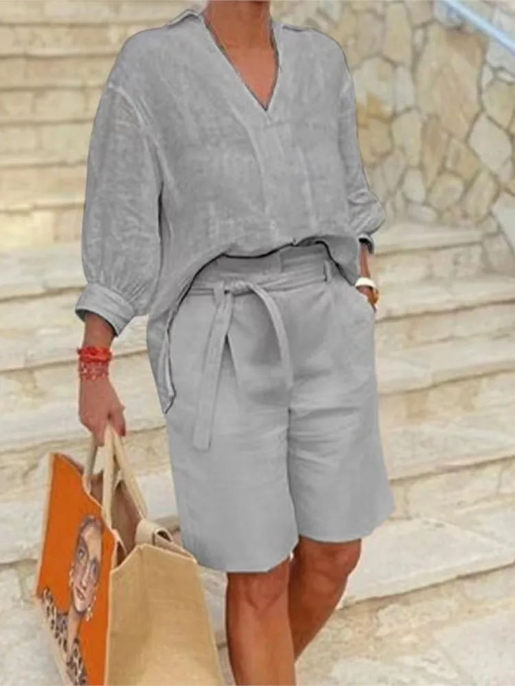 

Elegant Loose V-neck Shirt+wide Leg Shorts Two-piece Set For Summer New Cotton Linen Women's Fashion Pocket Belt Casual Set