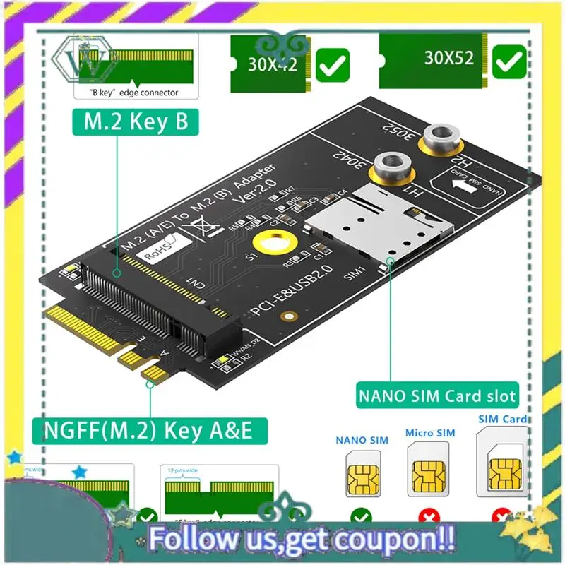 

НОВЫЙ адаптер M.2 Key B к A+E со слотом для SIM-карты NANO для модуля 3G/4G/5G