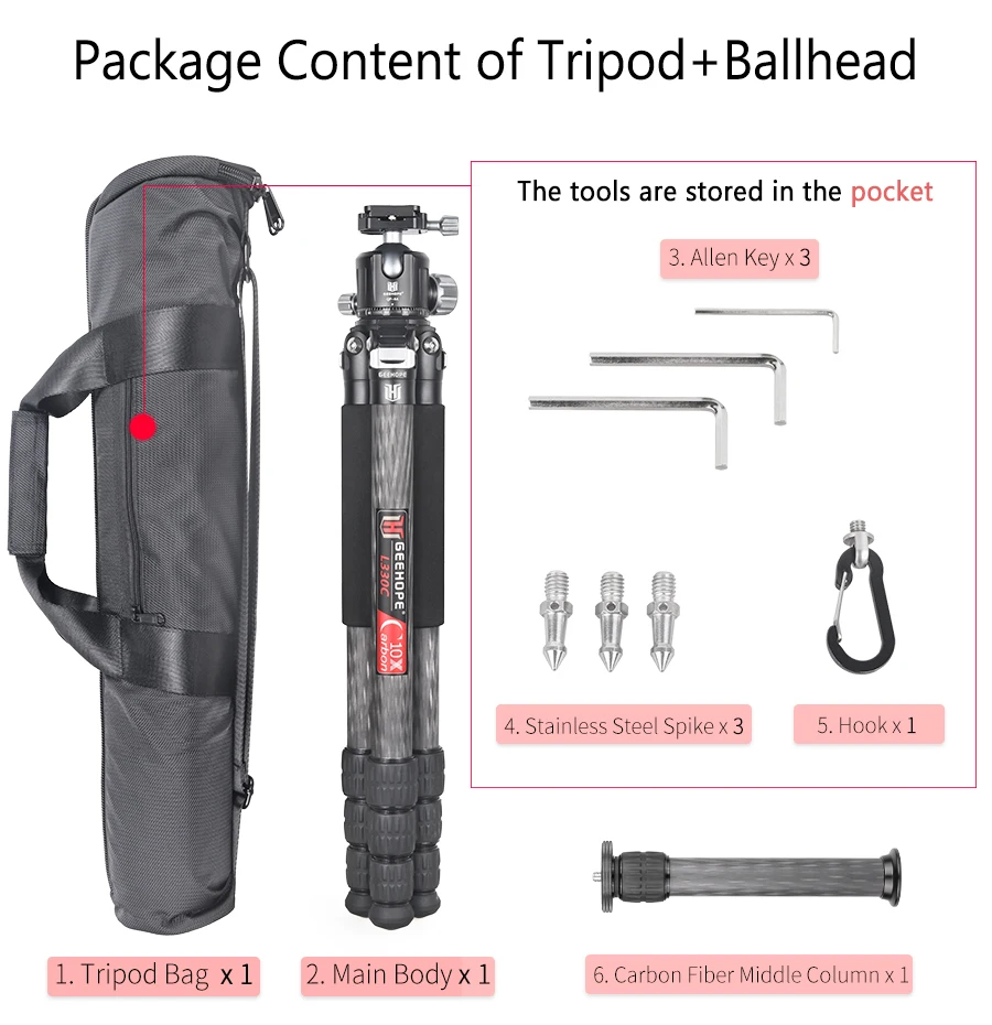 GEEHOPE L220C/L330C Compact Carbon Fiber Tripod Professional Camera Stand for DSLR Video Camcorder Load 25kg add Center Column