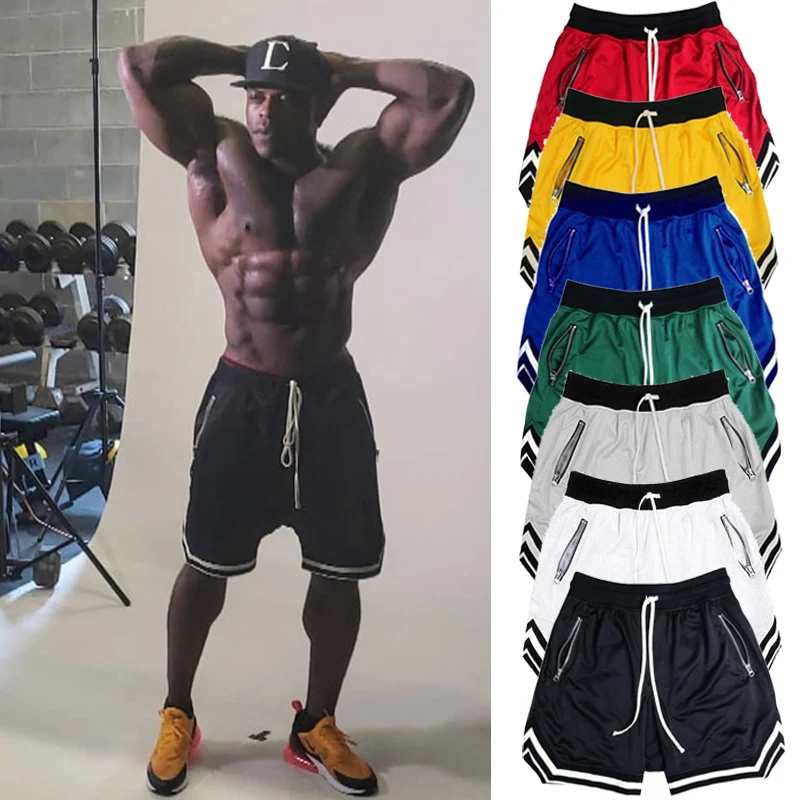 Striped Basketball Shorts for Men Gym Workout Fitness Sports Shorts with Zipper Pockets Mesh Quick Dry Breathable Activewear