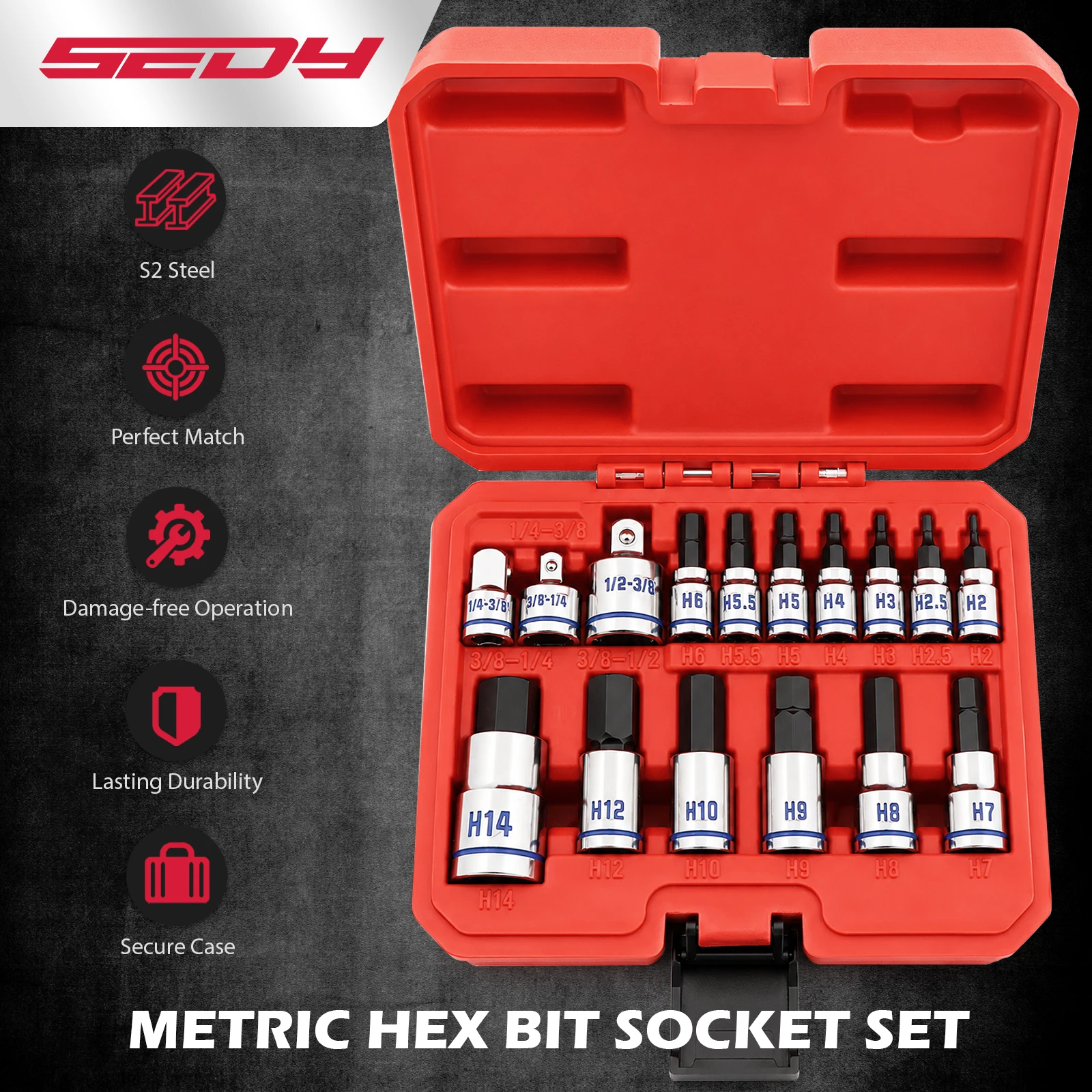 SEDY 16Pcs H-Type Hex Bit Socket Set S2 CR-V Steel 3 Drive Sizes Auto Repair Tool Kit