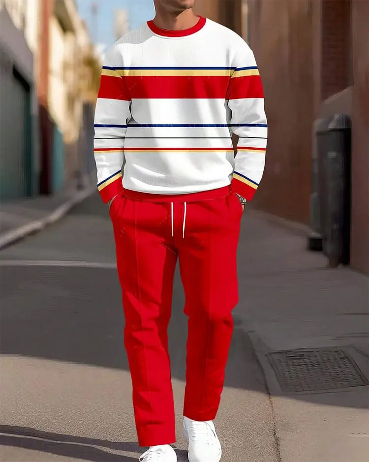 

Men's Casual Two - Piece Set: Round - Neck Sweatshirt with Colorful Stripes (Red, Yellow, Blue) and Red Drawstring Pants, Stylis