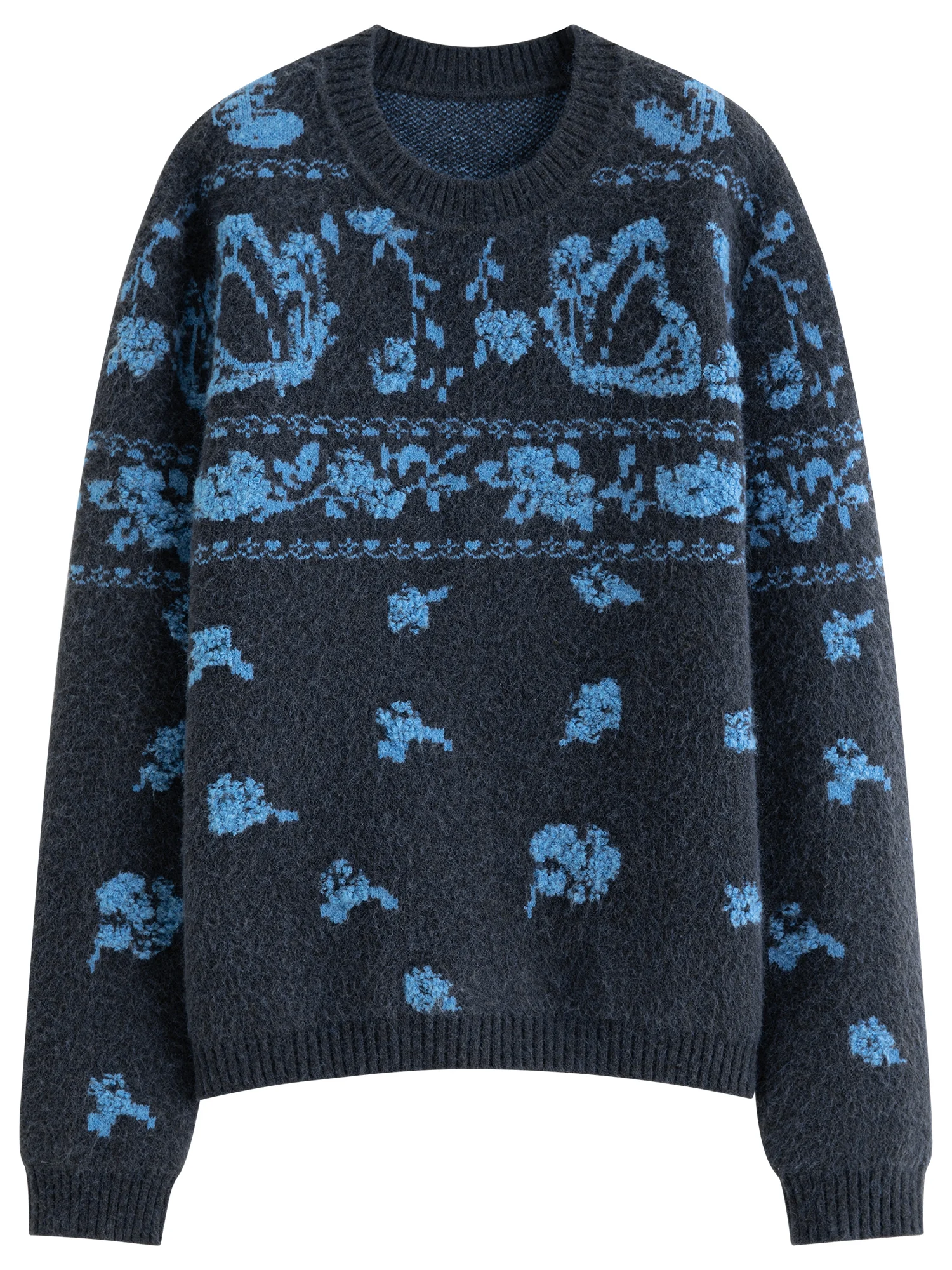 FSLE 2025 Suéter de punto para mujer Jersey de mohair gris con jacquard floral azul Top ajustado de manga larga Diseño texturizado vintage